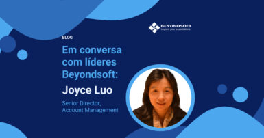 Retrato de Joyce Luo, Diretora S��nior de Gest?o de Contas da Beyondsoft, com fundo azul e texto em portugu��s sobre uma entrevista no blog da empresa.