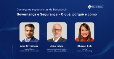 Imagem apresentando tr��s especialistas: Anuj Srivastava, Jo?o Labre e Sharon Loh. O tema abordado �� "Governan?a e Seguran?a �C O qu��, porqu�� e como". Os nomes e cargos dos palestrantes aparecem abaixo de suas fotos, com fundo azul e elementos gr��ficos.