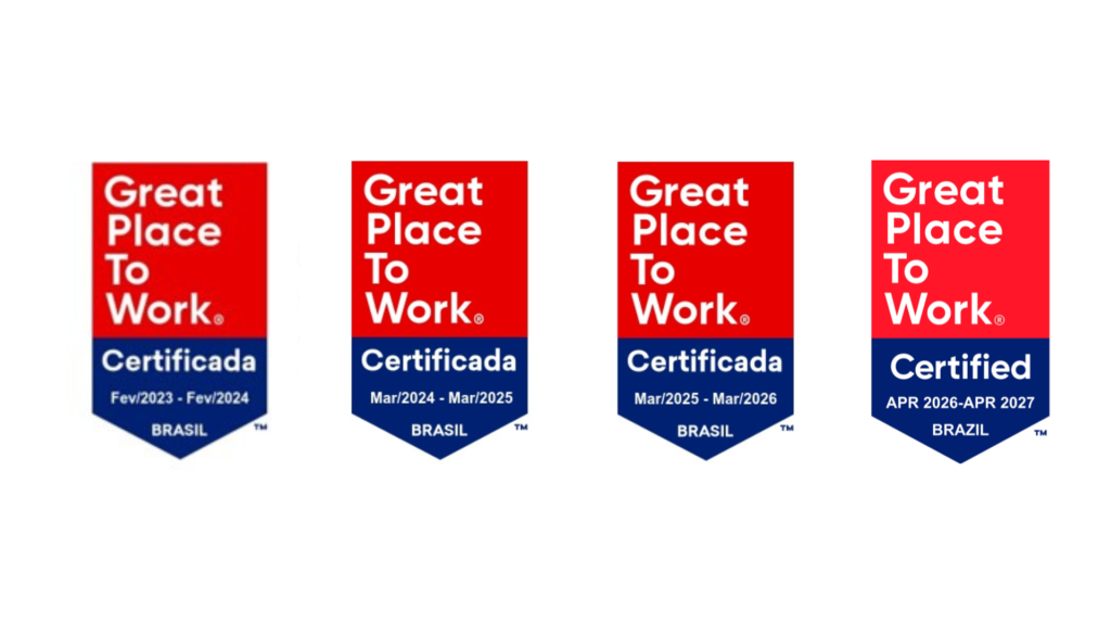 Imagem com os quatro selos consecutivos do Great Place to Work conquistados pela Beyondsoft Brasil, representando o reconhecimento cont¨ªnuo da empresa como um excelente lugar para trabalhar.